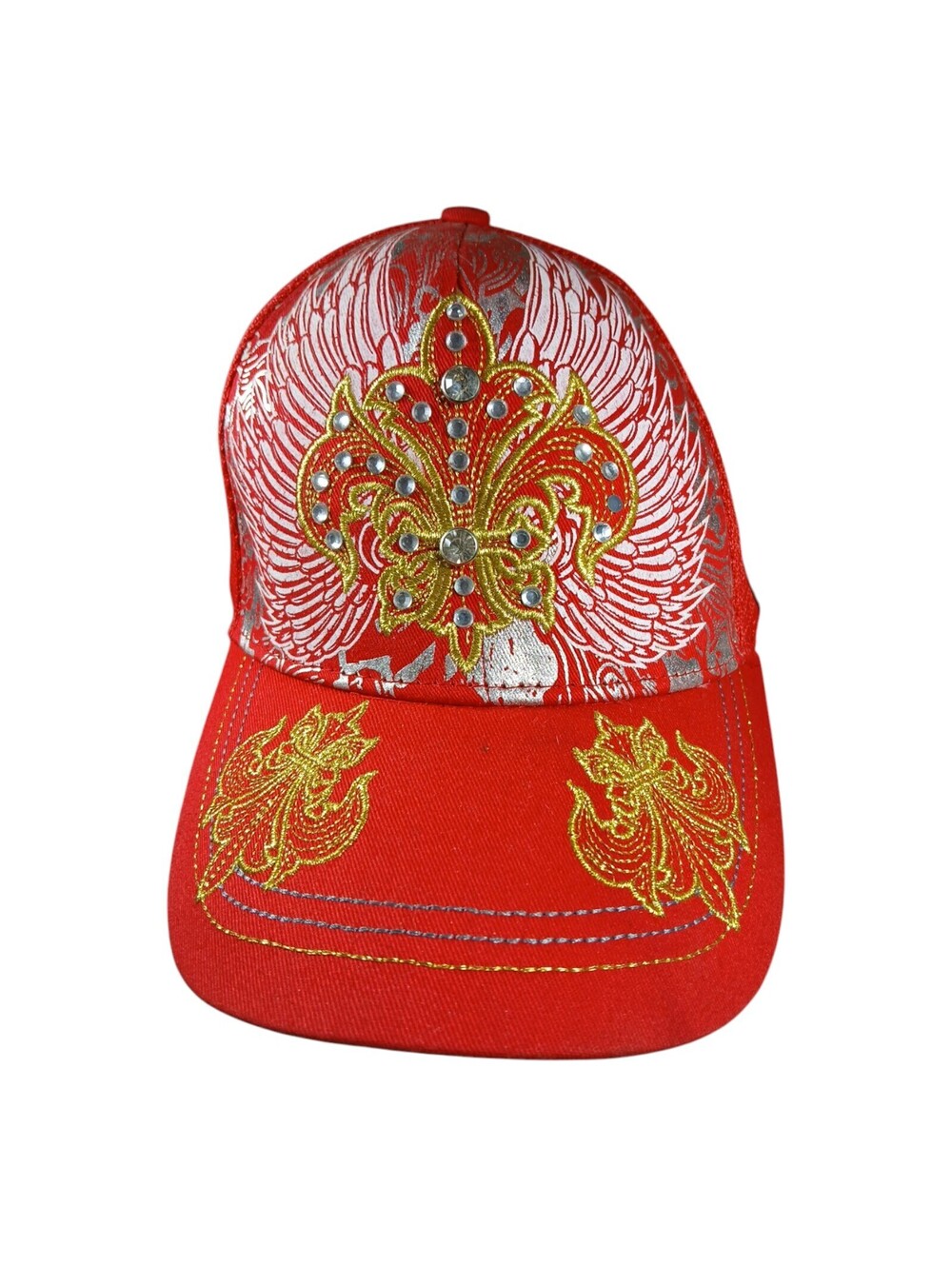 KB ETHOS Snapback Mesh Hat Saints Fleur-de-lis Red Gold Rhinestone Embellished